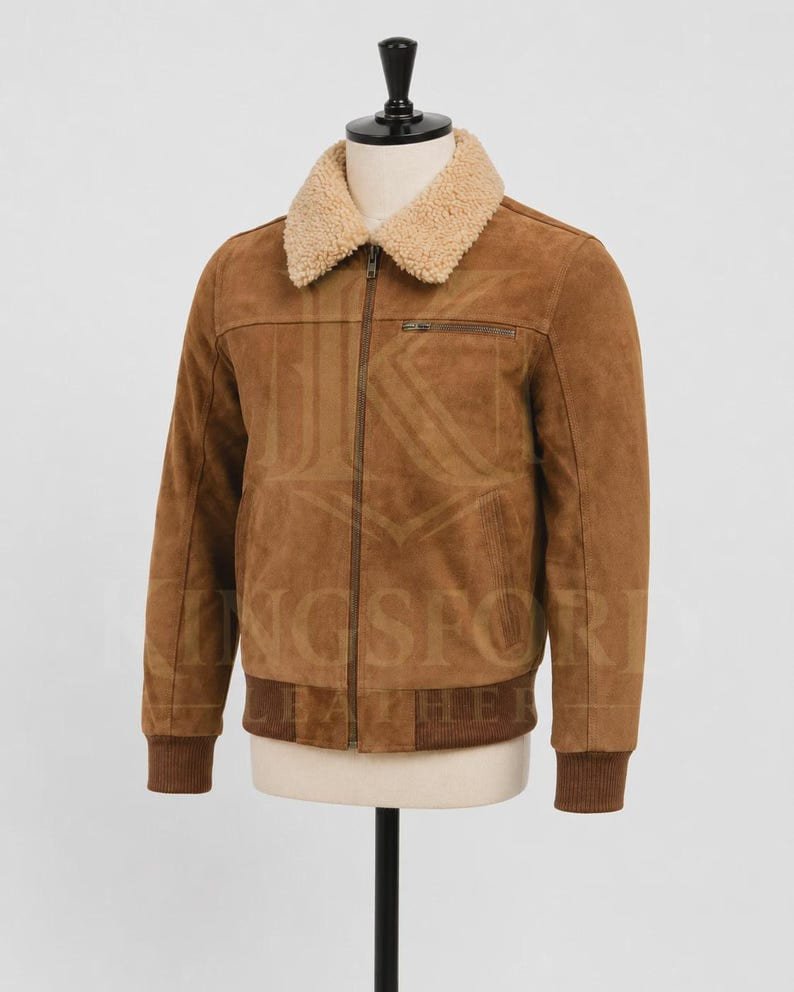 Tan suede bomber jacket, shearling collar thumbnail 5