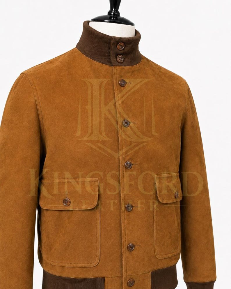Brown suede A1 bomber, button front thumbnail 4